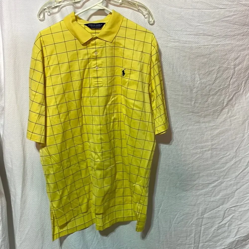 Ralph Lauren L mens polo golf yellow navy window pain polo shirt euc